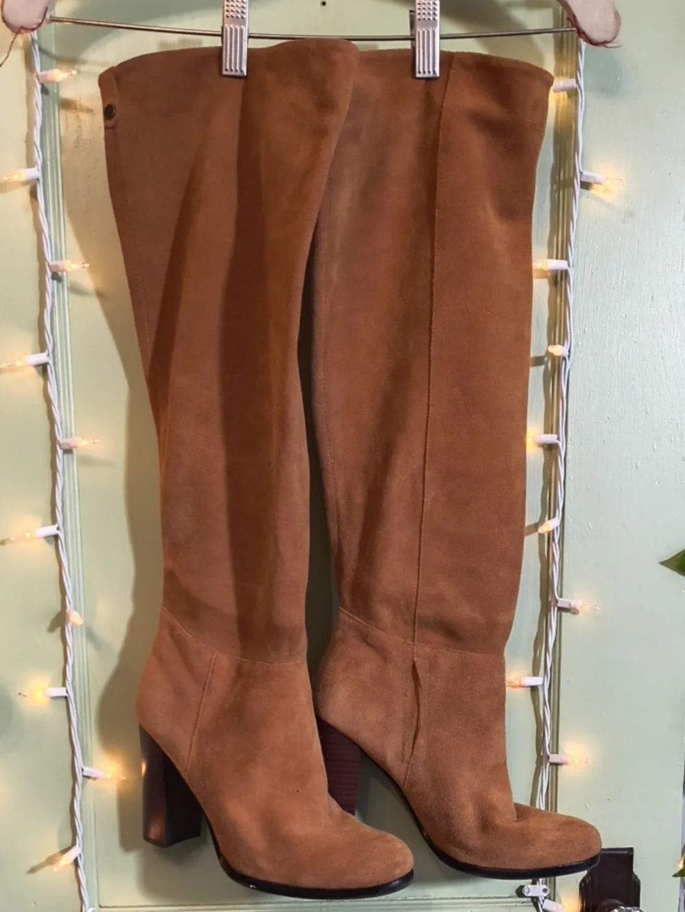 Women's Sam Edelman Knee High Walnut Faux Suede Round Toe Stack Heel Boots 9.5